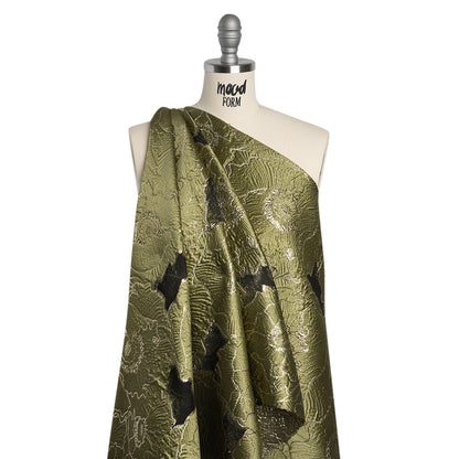 Metallic Burnout Brocade - Olive Green and Gold All-Over Outlined Flowers
