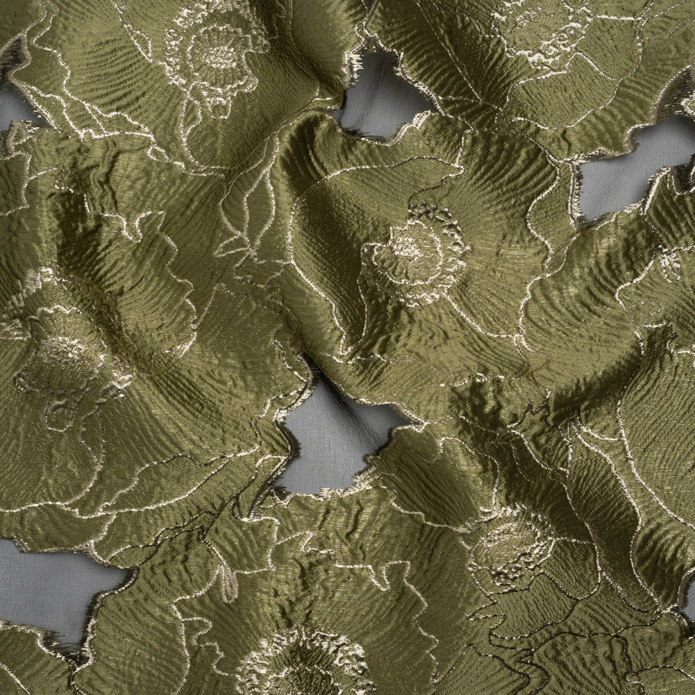Metallic Burnout Brocade - Olive Green and Gold All-Over Outlined Flowers