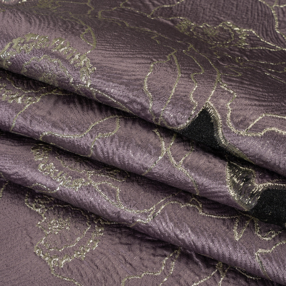 Metallic Burnout Brocade - Plum Purple and Gold All-Over Outlined Flowers - Folded