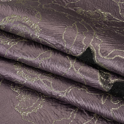 Metallic Burnout Brocade - Plum Purple and Gold All-Over Outlined Flowers