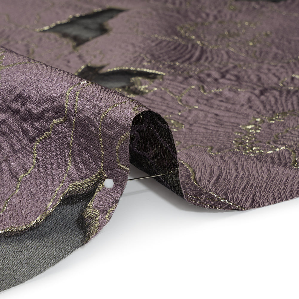 Metallic Burnout Brocade - Plum Purple and Gold All-Over Outlined Flowers - Detail