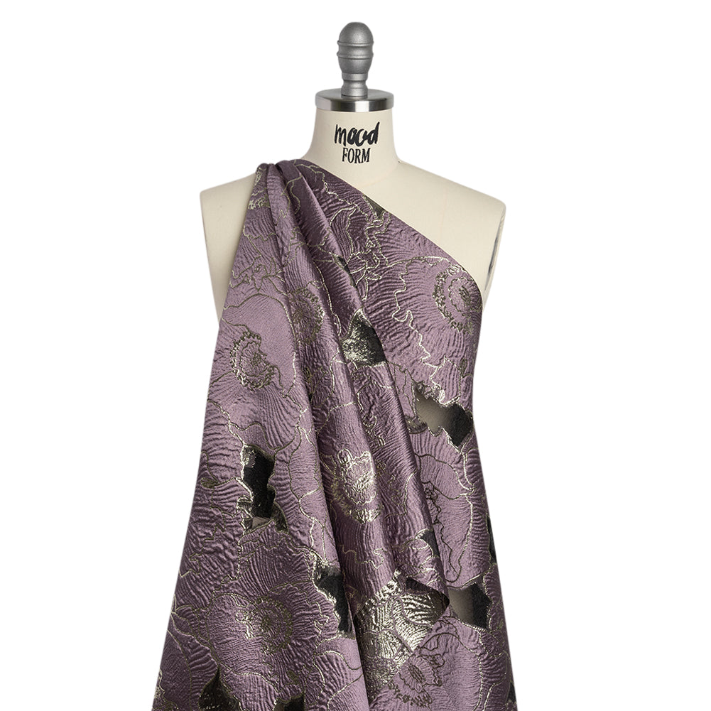 Metallic Burnout Brocade - Plum Purple and Gold All-Over Outlined Flowers - Drape