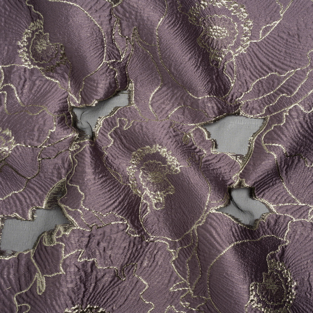 Metallic Burnout Brocade - Plum Purple and Gold All-Over Outlined Flowers