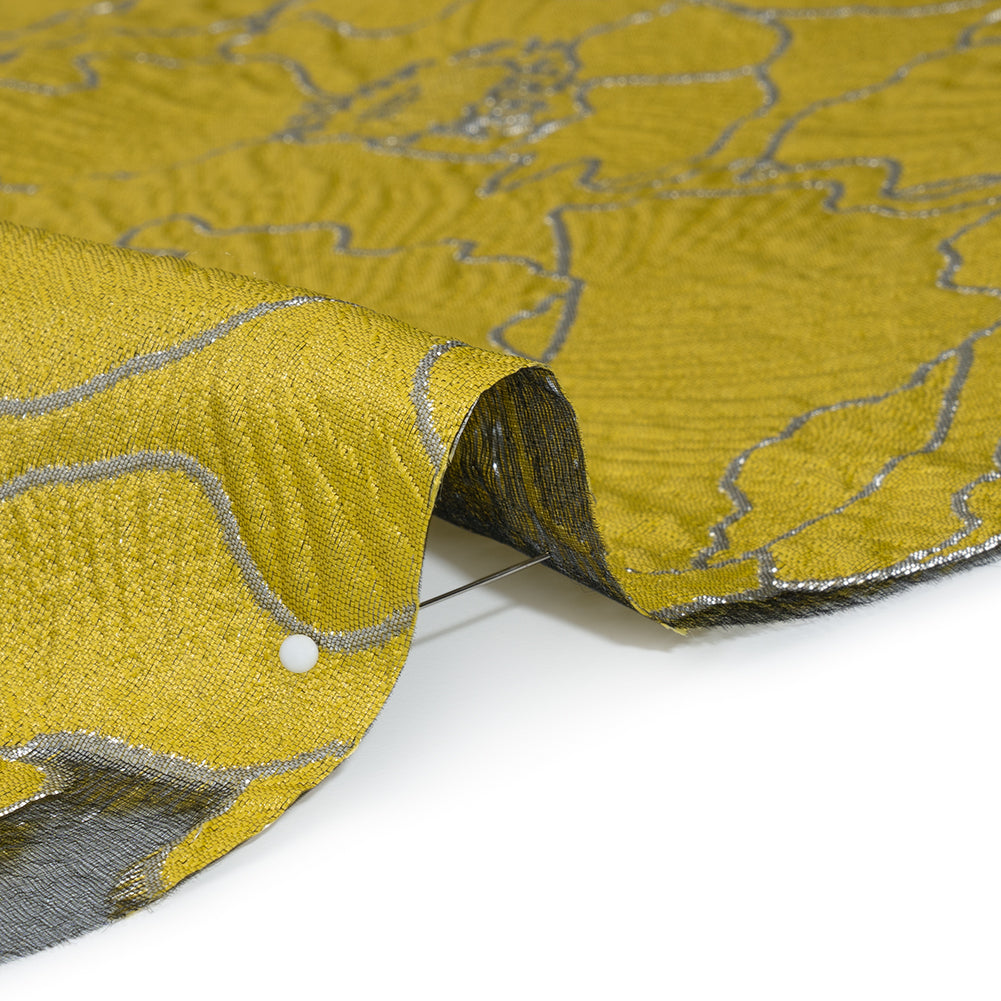 Metallic Burnout Brocade - Gamboge Yellow and Silver All-Over Outlined Flowers