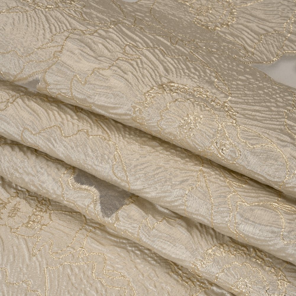 Metallic Burnout Brocade - Pale Beige and Gold All-Over Outlined Flowers