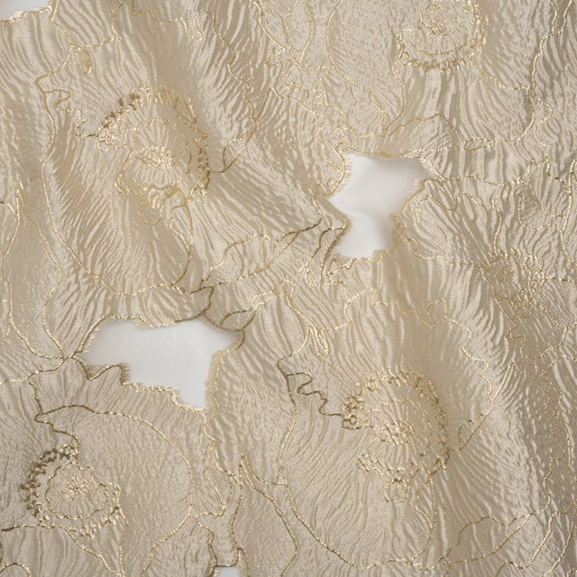 Metallic Burnout Brocade - Pale Beige and Gold All-Over Outlined Flowers
