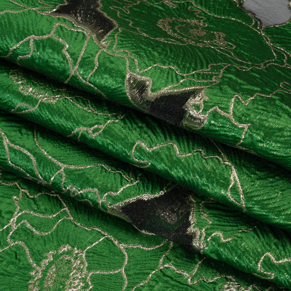 Metallic Burnout Brocade - Kelly Green and Gold All-Over Outlined Flowers