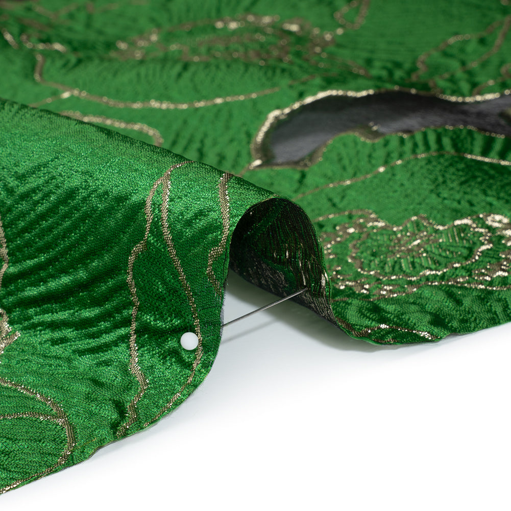 Metallic Burnout Brocade - Kelly Green and Gold All-Over Outlined Flowers