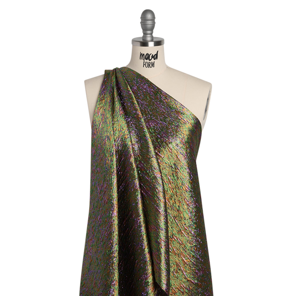 Metallic Brocade - Mustard Yellow, Green and Purple Mottled Abstract - Drape
