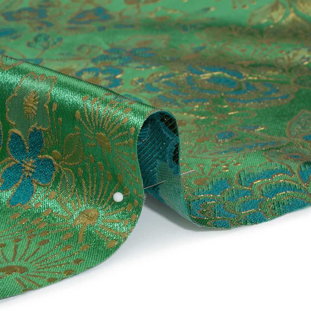 Metallic Brocade - Emerald Green, Teal and Gold Flower Garden