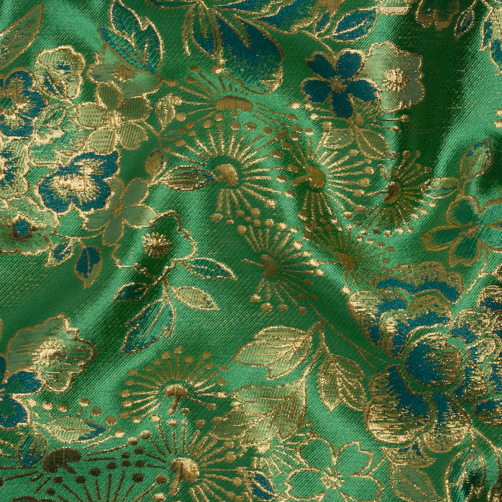 Metallic Brocade - Emerald Green, Teal and Gold Flower Garden