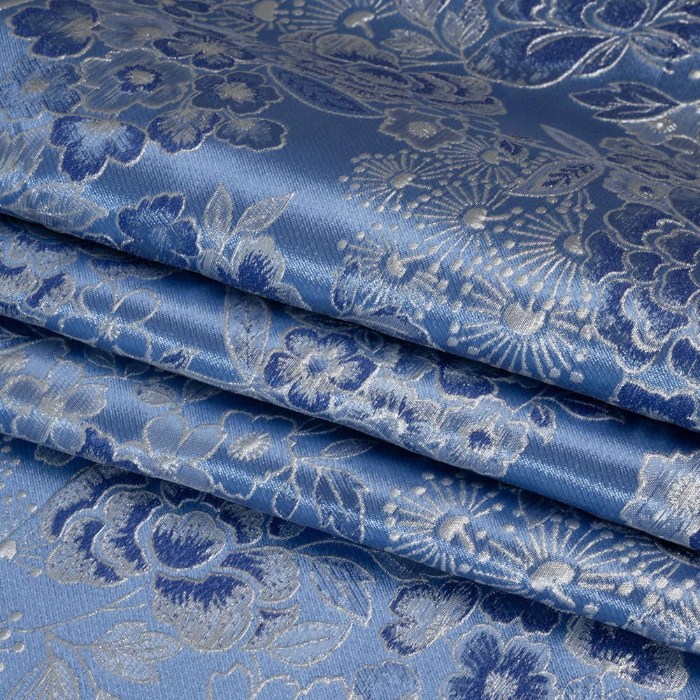 Metallic Brocade - Sky Blue, Royal Blue and Silver Flower Garden