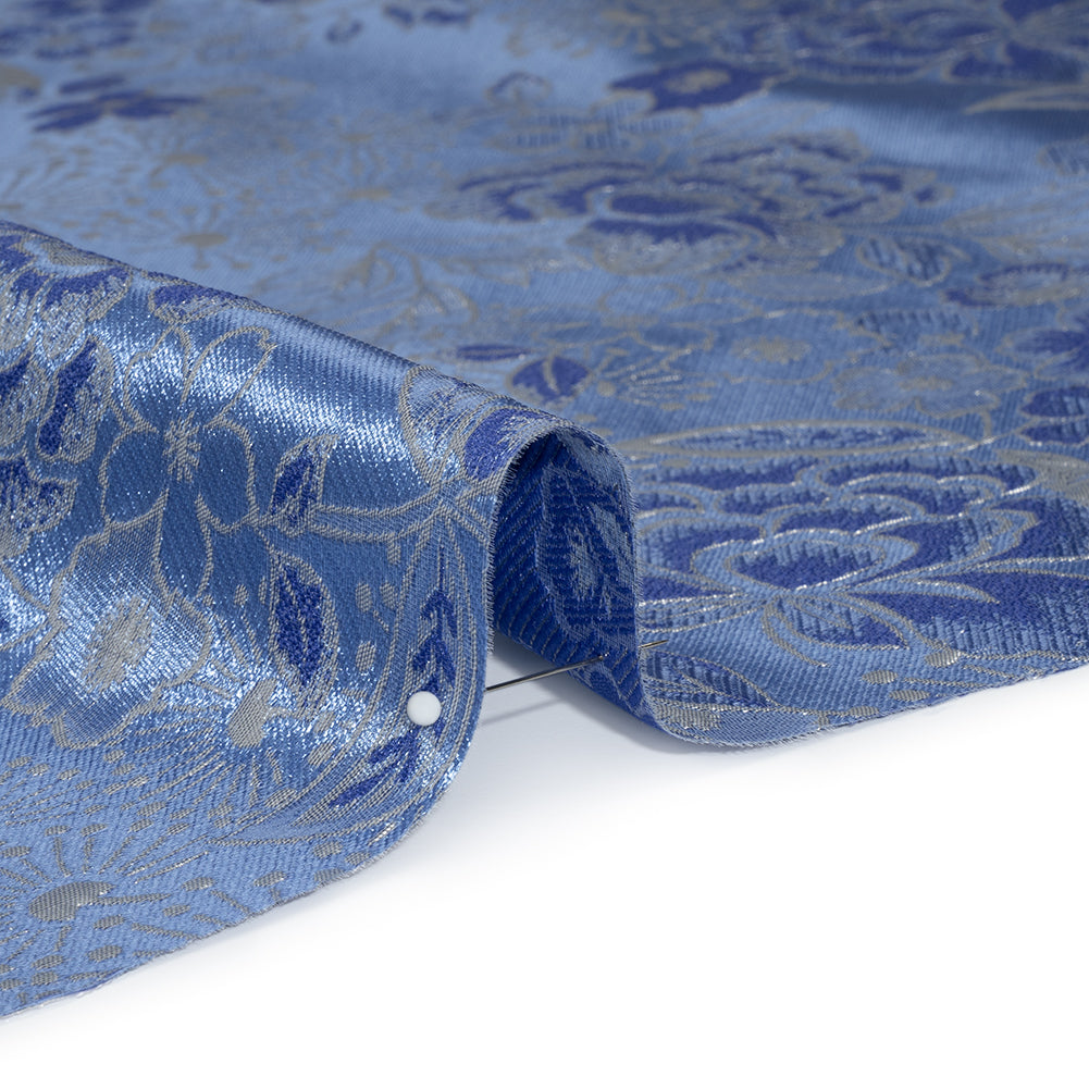 Metallic Brocade - Sky Blue, Royal Blue and Silver Flower Garden