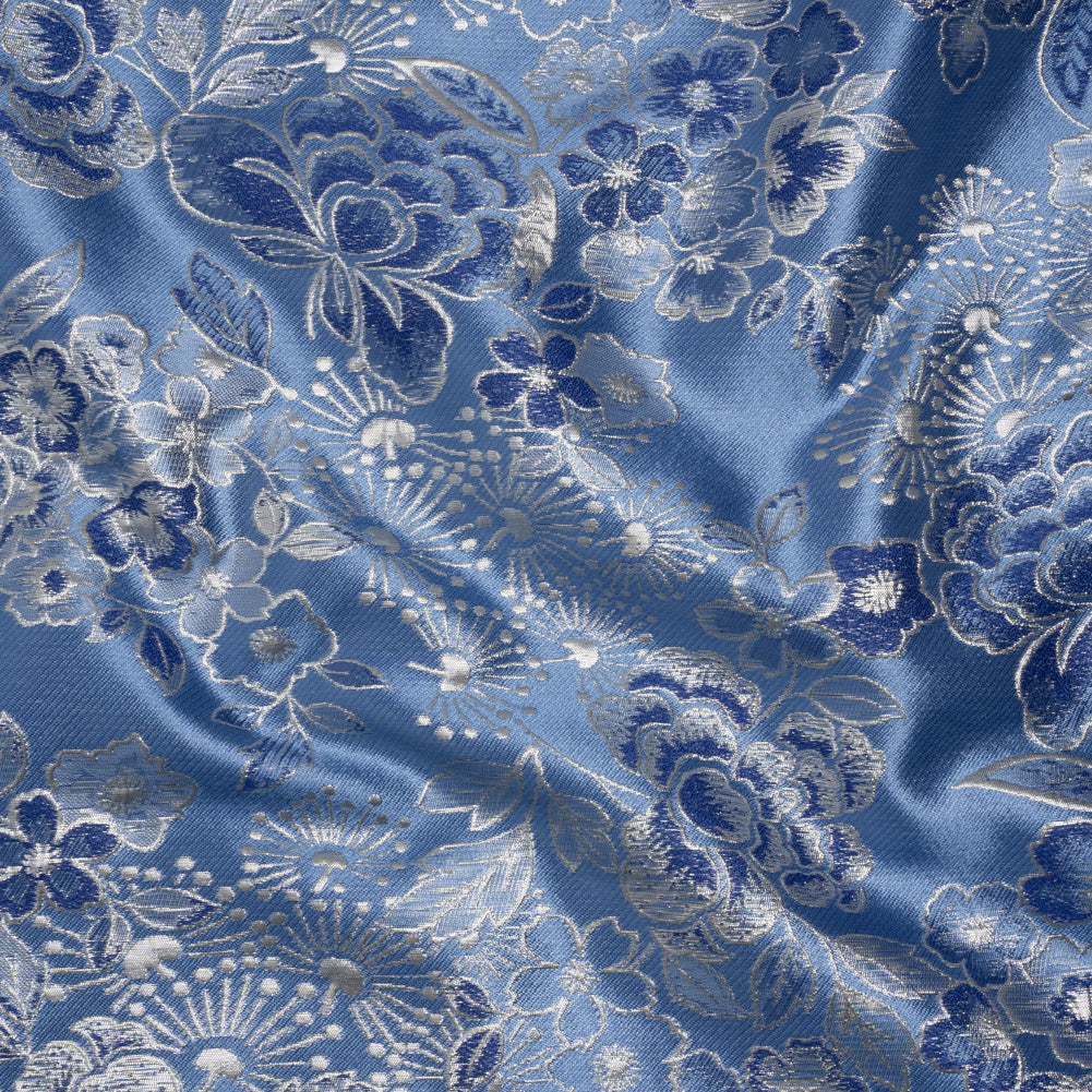 Metallic Brocade - Sky Blue, Royal Blue and Silver Flower Garden