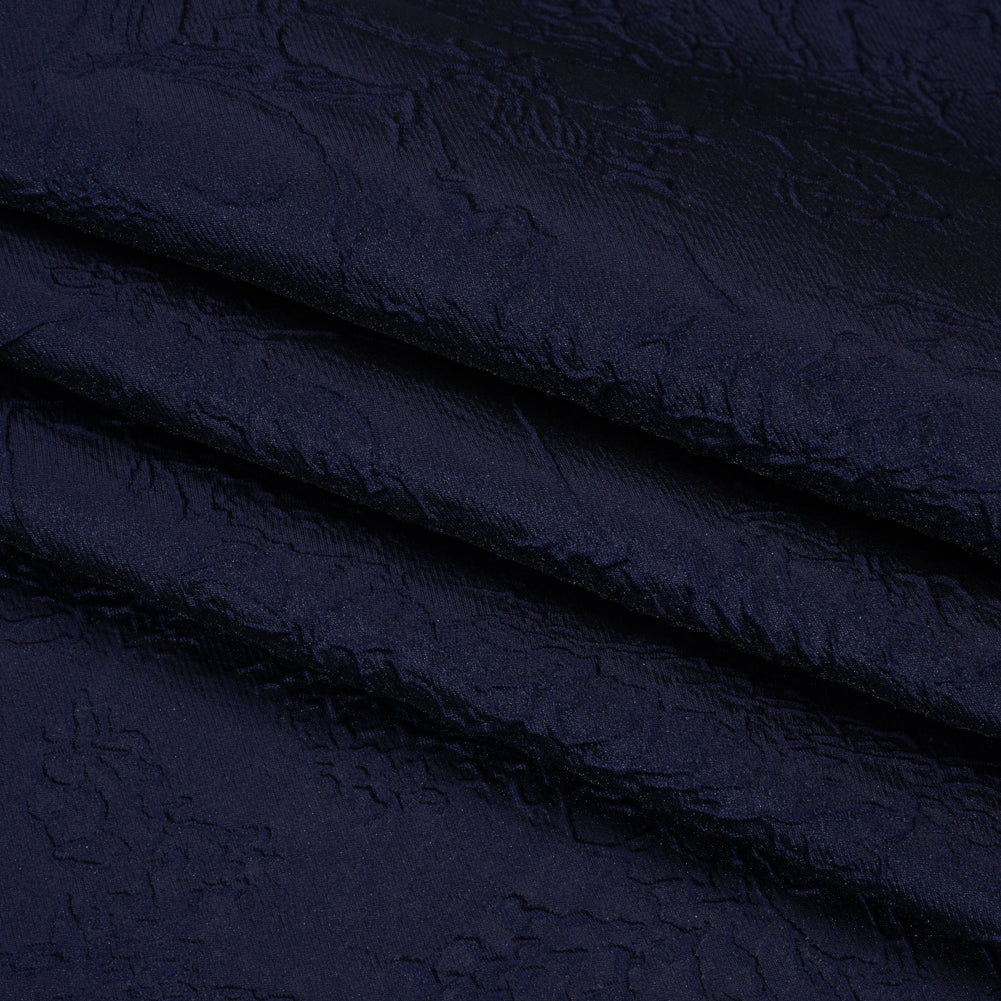 Polyester Brocade - Monochrome Midnight Navy Floral Drawings - Folded