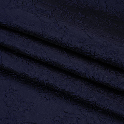 Polyester Brocade - Monochrome Midnight Navy Floral Drawings