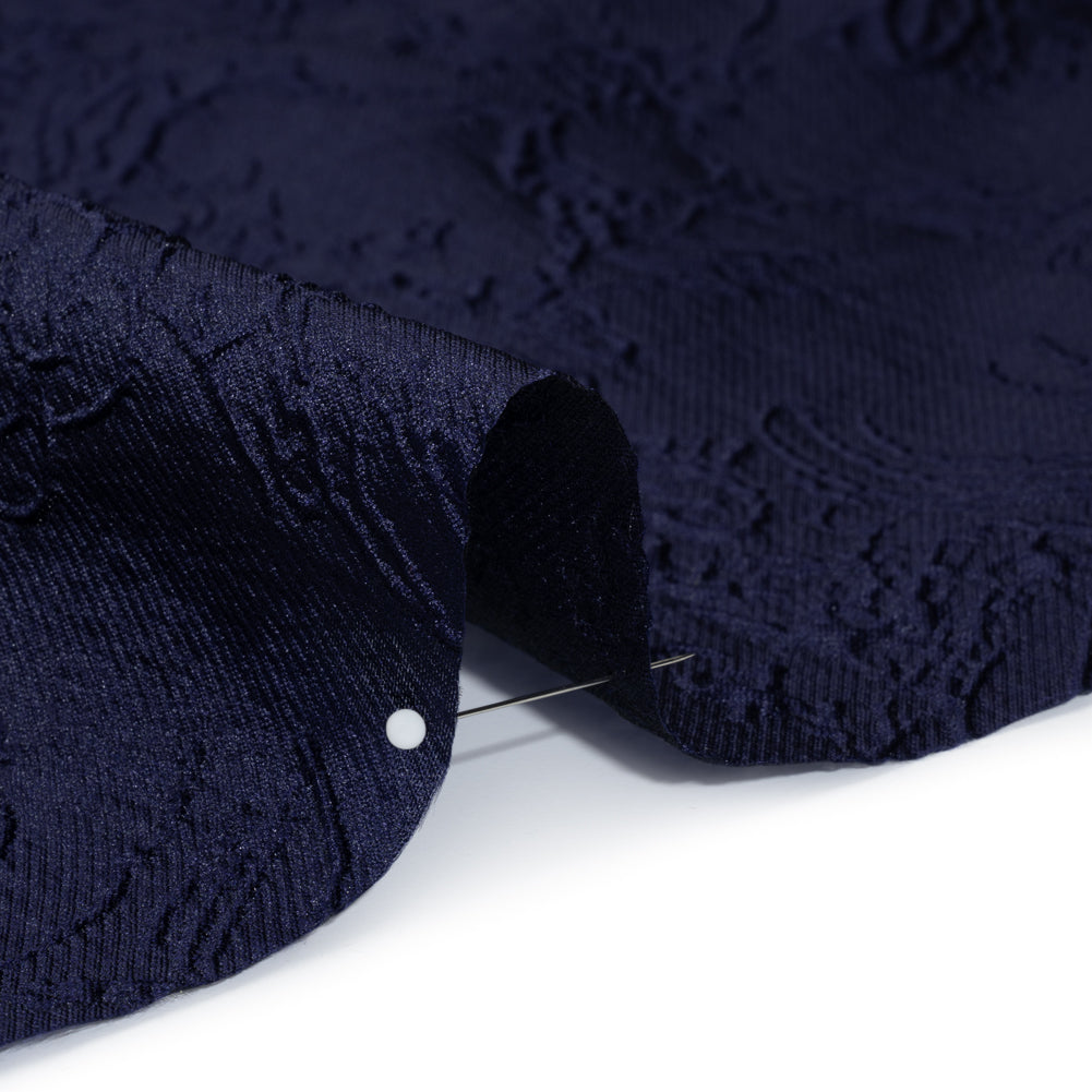 Polyester Brocade - Monochrome Midnight Navy Floral Drawings - Detail