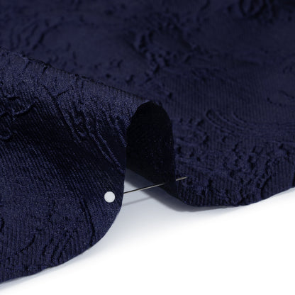 Polyester Brocade - Monochrome Midnight Navy Floral Drawings
