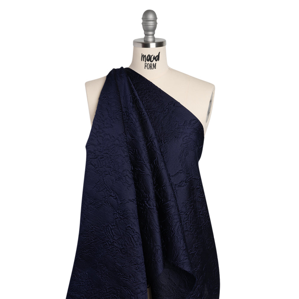 Polyester Brocade - Monochrome Midnight Navy Floral Drawings - Drape