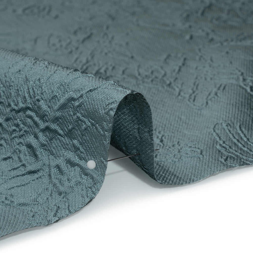 Polyester Brocade - Monochrome Dusty Blue Floral Drawings - Detail