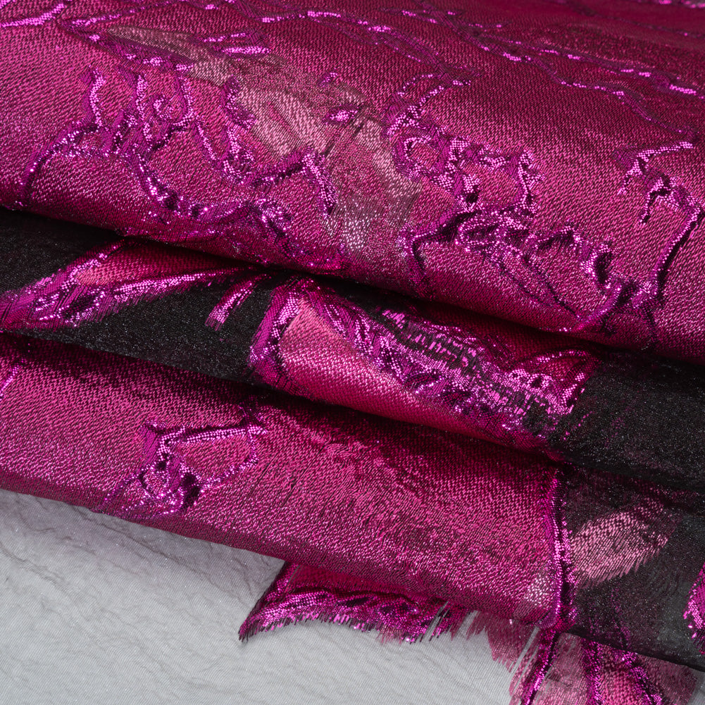 Metallic Burnout Brocade - Hot Pink, Black and Magenta Roses and Hyacinths - Folded