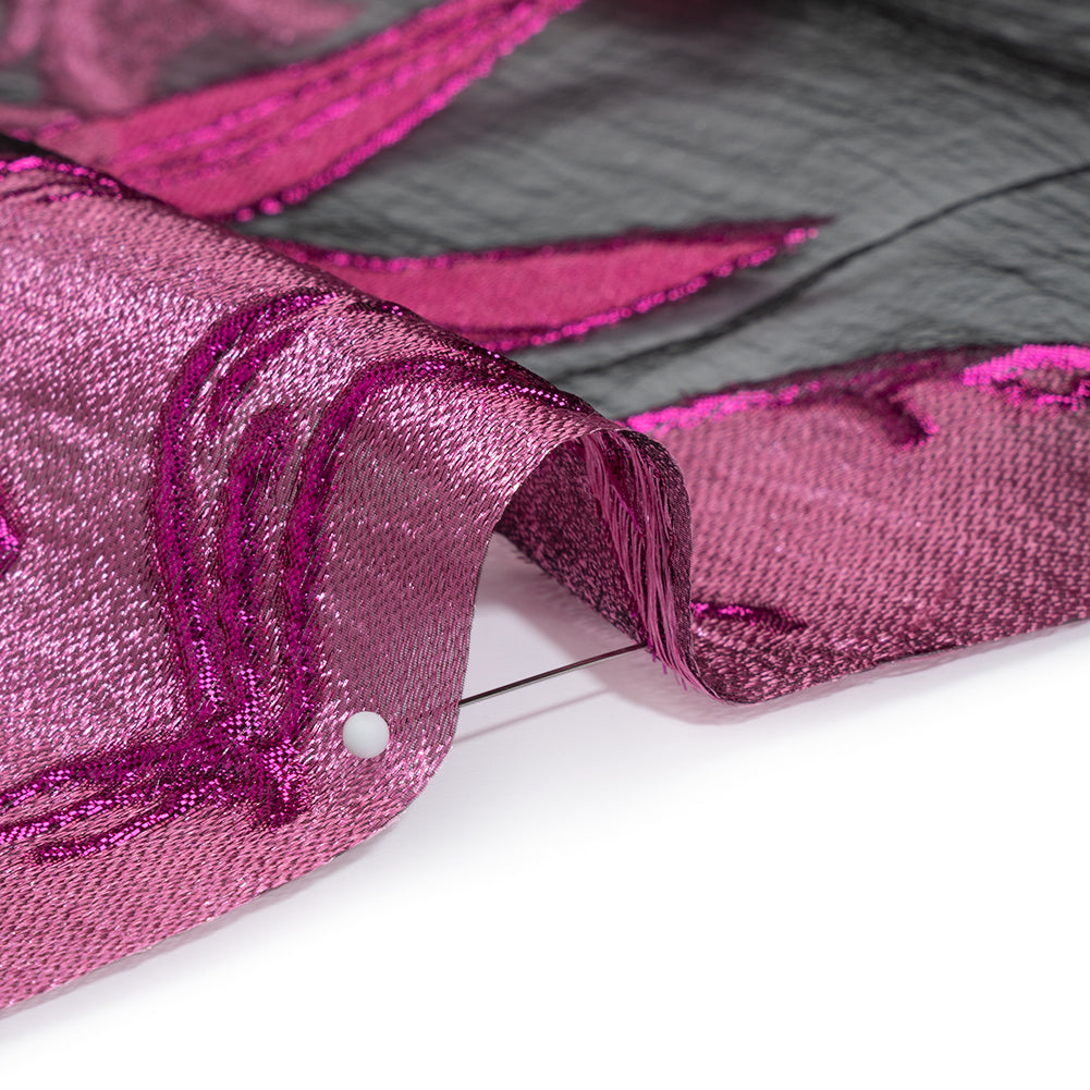 Metallic Burnout Brocade - Hot Pink, Black and Magenta Roses and Hyacinths - Detail
