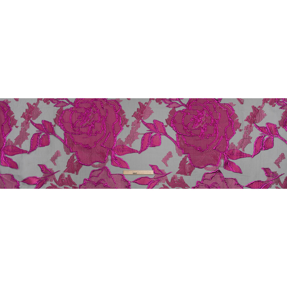 Metallic Burnout Brocade - Hot Pink, Black and Magenta Roses and Hyacinths - Full