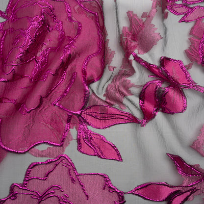 Metallic Burnout Brocade - Hot Pink, Black and Magenta Roses and Hyacinths