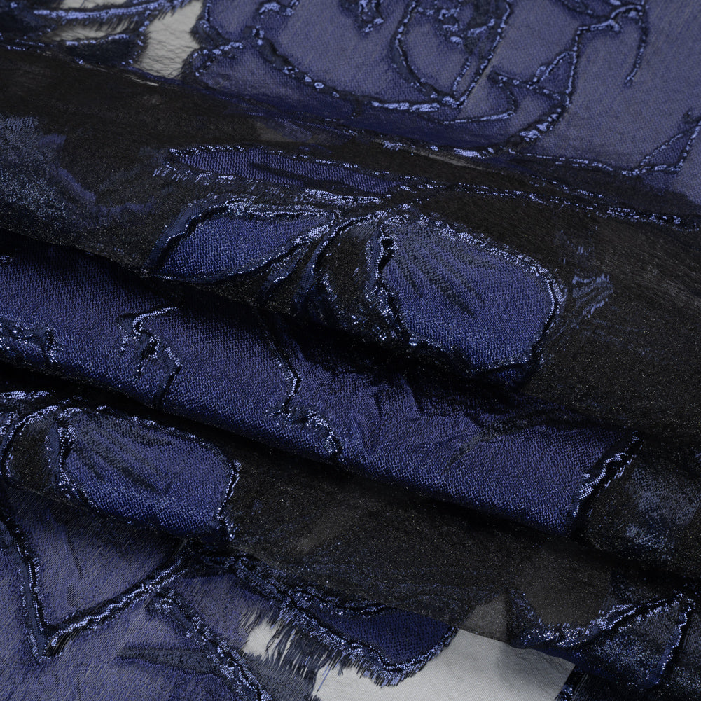Metallic Burnout Brocade - Black and Navy Blue Roses and Hyacinths - Folded