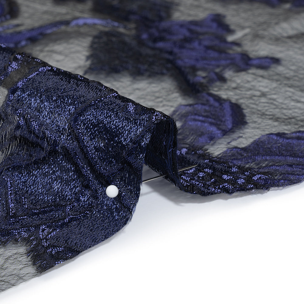 Metallic Burnout Brocade - Black and Navy Blue Roses and Hyacinths - Detail