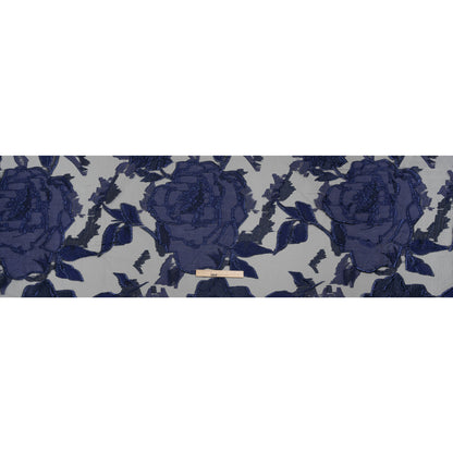 Metallic Burnout Brocade - Black and Navy Blue Roses and Hyacinths