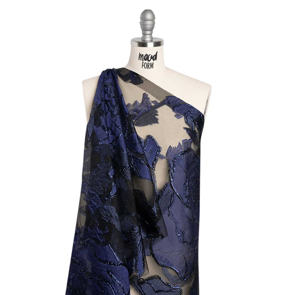 Metallic Burnout Brocade - Black and Navy Blue Roses and Hyacinths - Drape