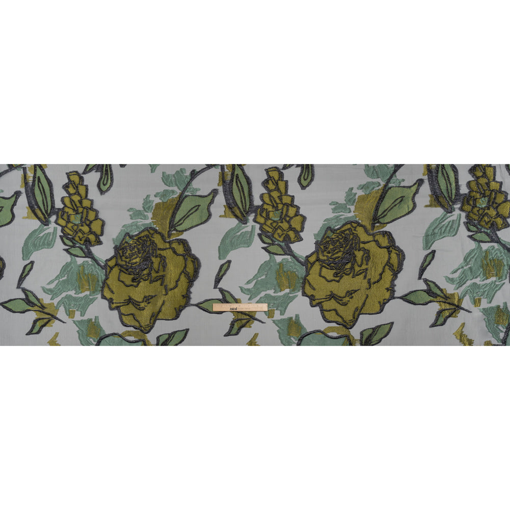 Metallic Burnout Brocade - Sage, Olive Green and Black Roses and Hyacinths