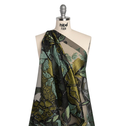 Metallic Burnout Brocade - Sage, Olive Green and Black Roses and Hyacinths