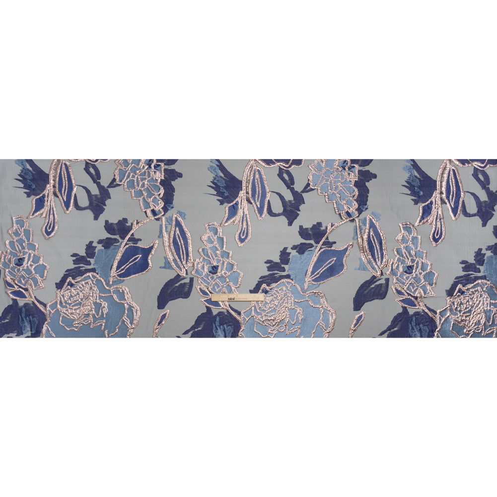 Metallic Burnout Brocade - Sky Blue, Navy and Rose Gold Roses and Hyacinths