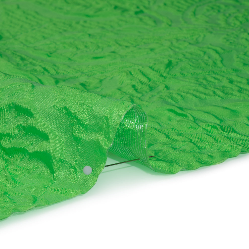 Polyester Brocade - Monochrome Lime Green Roses and Leaves
