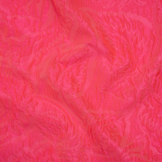Polyester Brocade - Monochrome Neon Pink Roses and Leaves