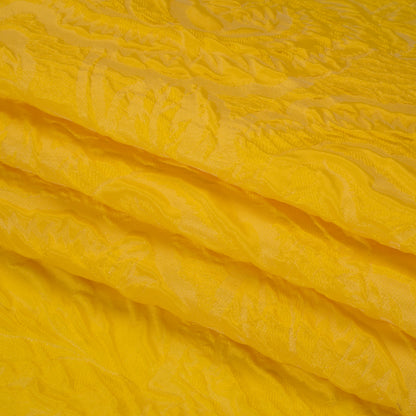 Polyester Brocade - Monochrome Sunshine Yellow Roses and Leaves