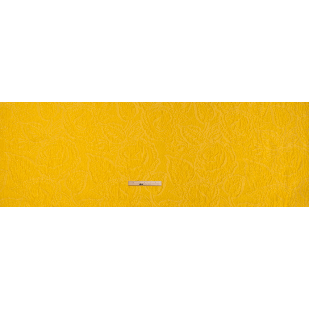 Polyester Brocade - Monochrome Sunshine Yellow Roses and Leaves