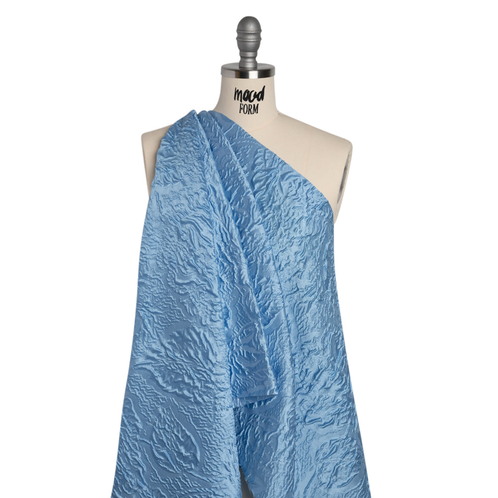 Polyester Brocade - Monochrome Sky Blue Roses and Leaves