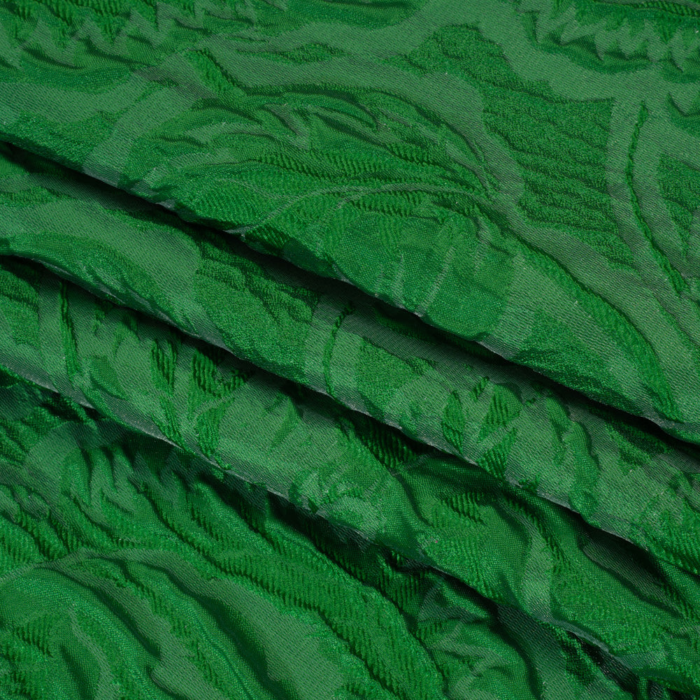 Polyester Brocade - Monochrome Kelly Green Roses and Leaves