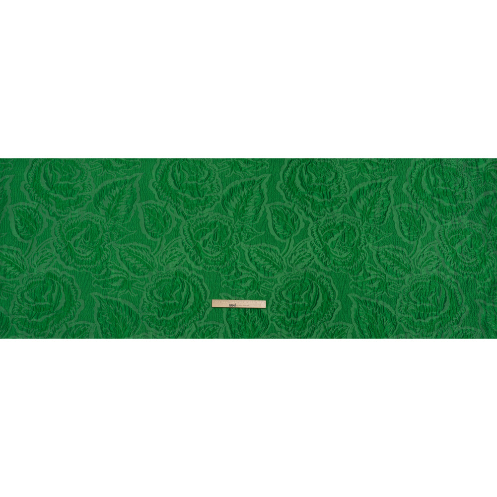 Polyester Brocade - Monochrome Kelly Green Roses and Leaves