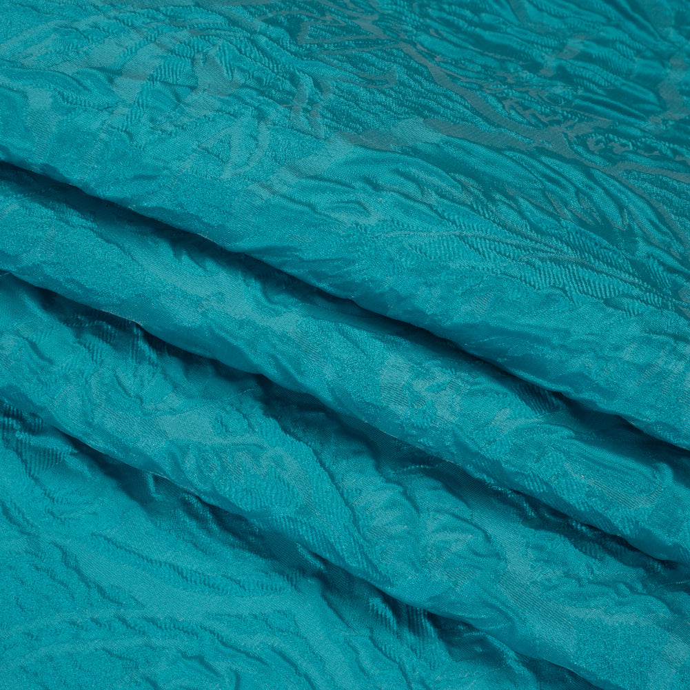 Polyester Brocade - Monochrome Turquoise Roses and Leaves - Folded