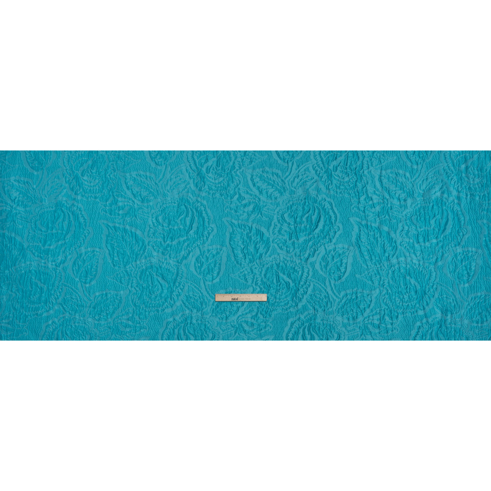 Polyester Brocade - Monochrome Turquoise Roses and Leaves - Full