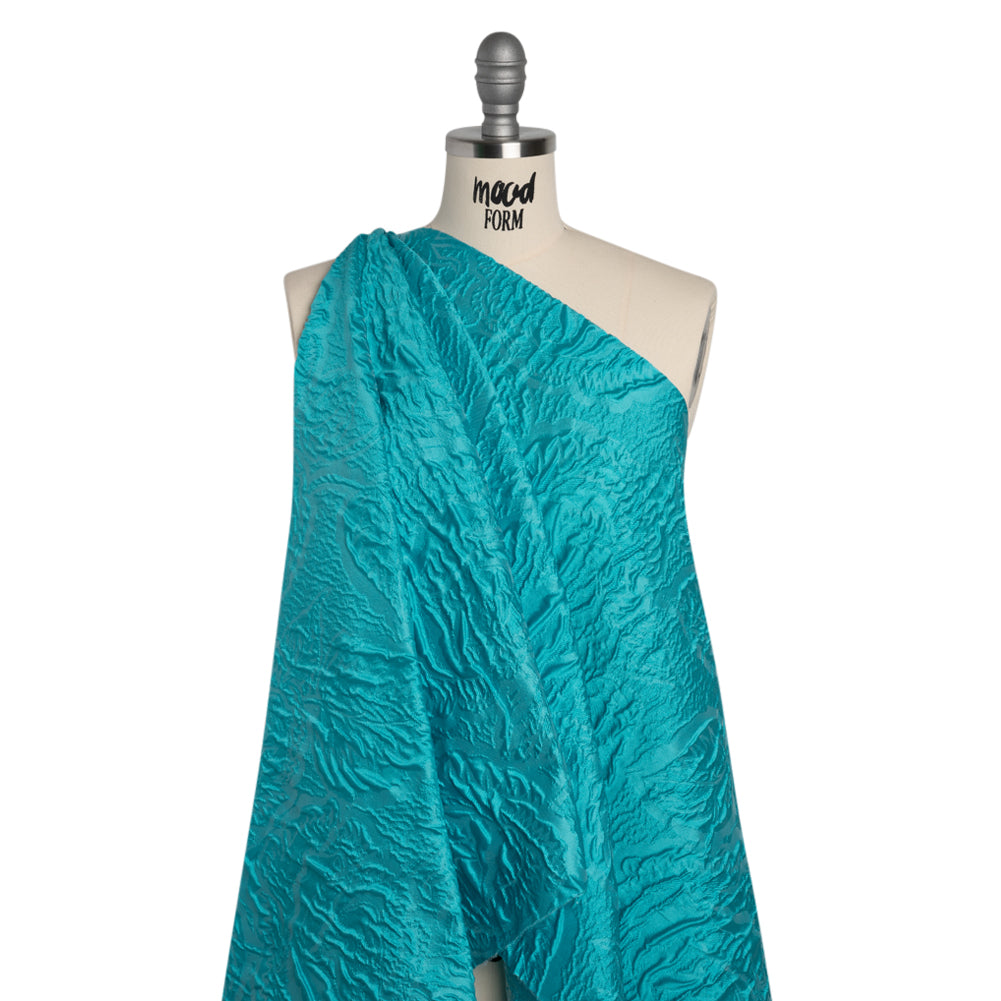 Polyester Brocade - Monochrome Turquoise Roses and Leaves - Drape