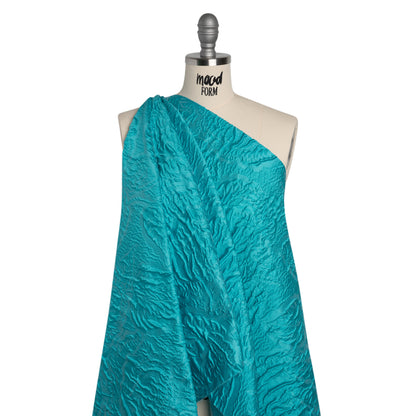 Polyester Brocade - Monochrome Turquoise Roses and Leaves