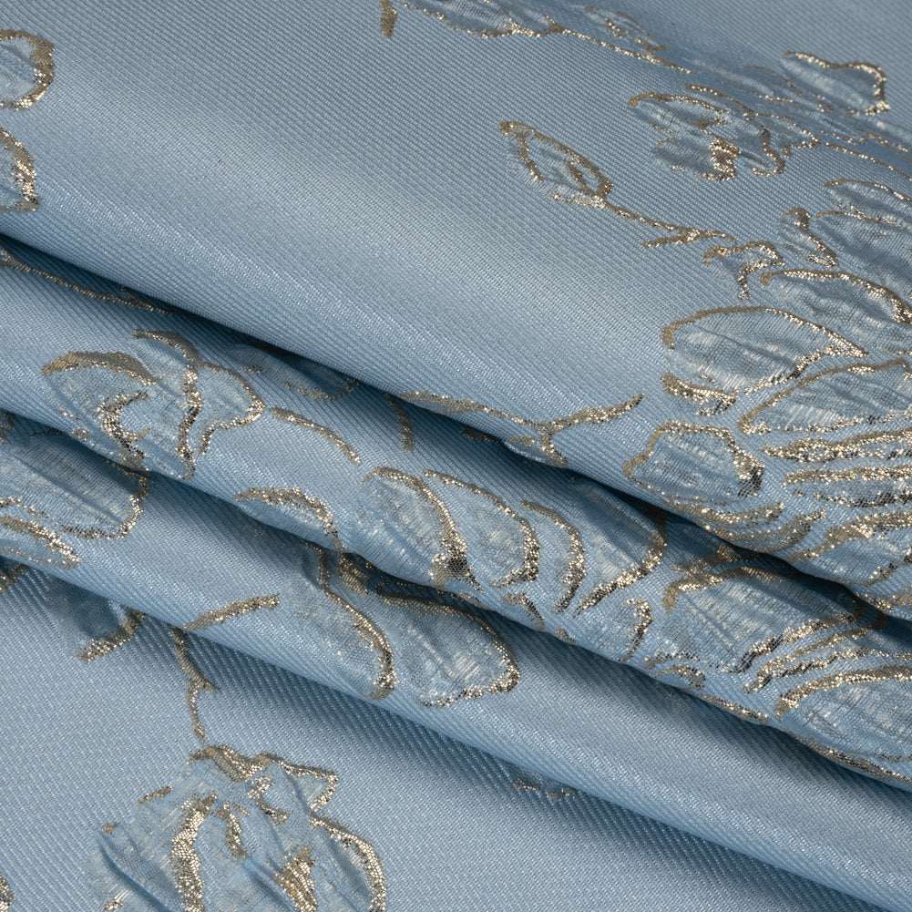 Metallic Brocade - Sky Blue and Gold Blossoming Stems - Folded