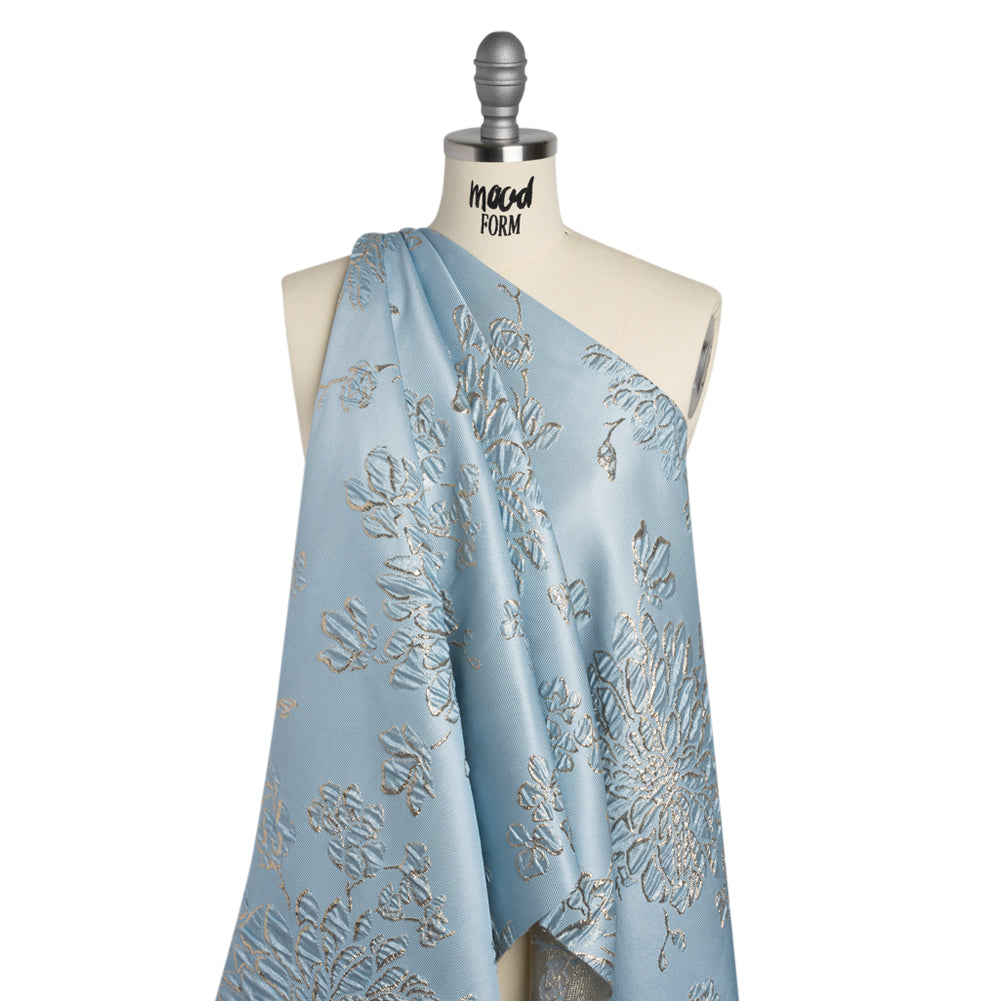 Metallic Brocade - Sky Blue and Gold Blossoming Stems - Drape
