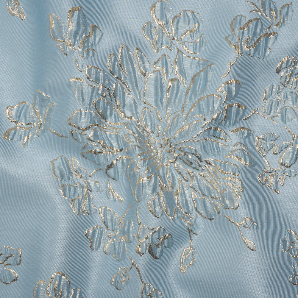 Metallic Brocade - Sky Blue and Gold Blossoming Stems