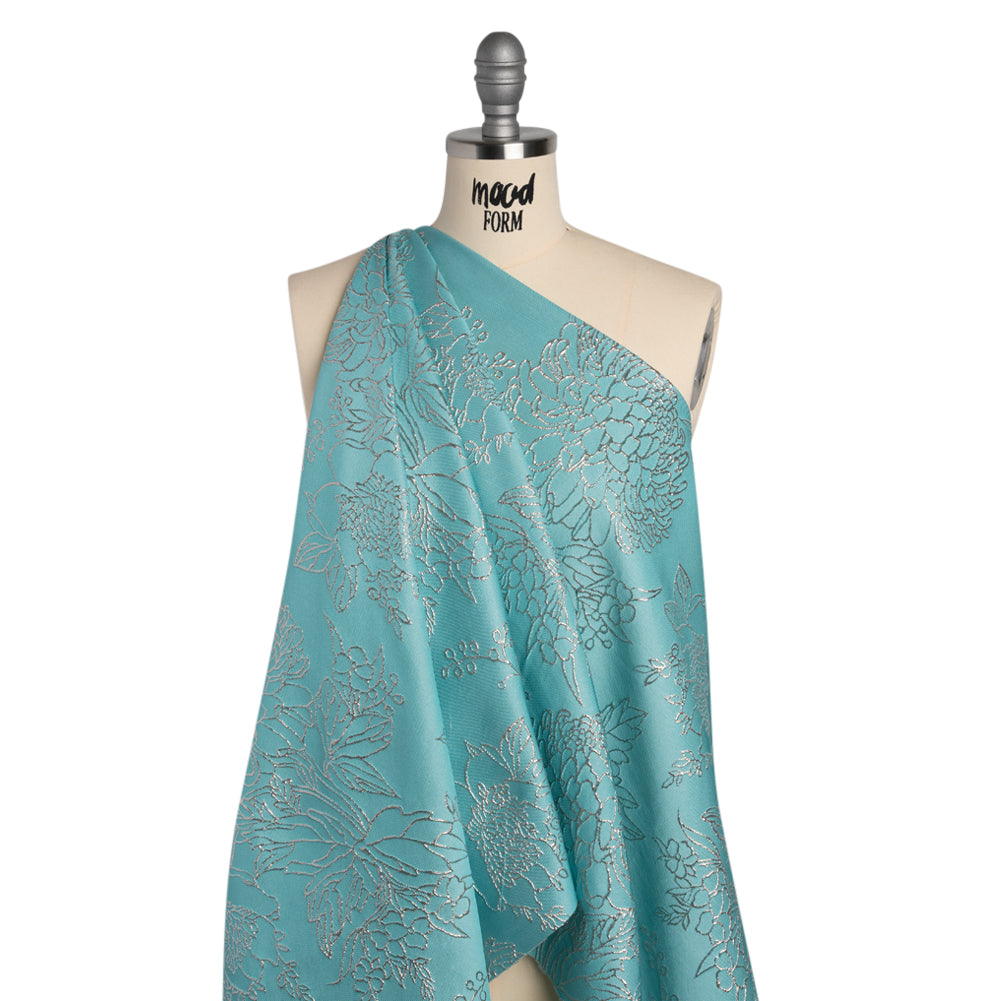 Metallic Brocade - Light Turquoise and Gold Illustrated Garden - Drape